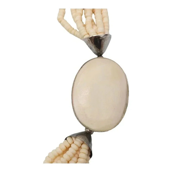 Bovine Bone Bead Beaded Multi-Strand Statement Silver Tone Necklace - Picture 2 of 6